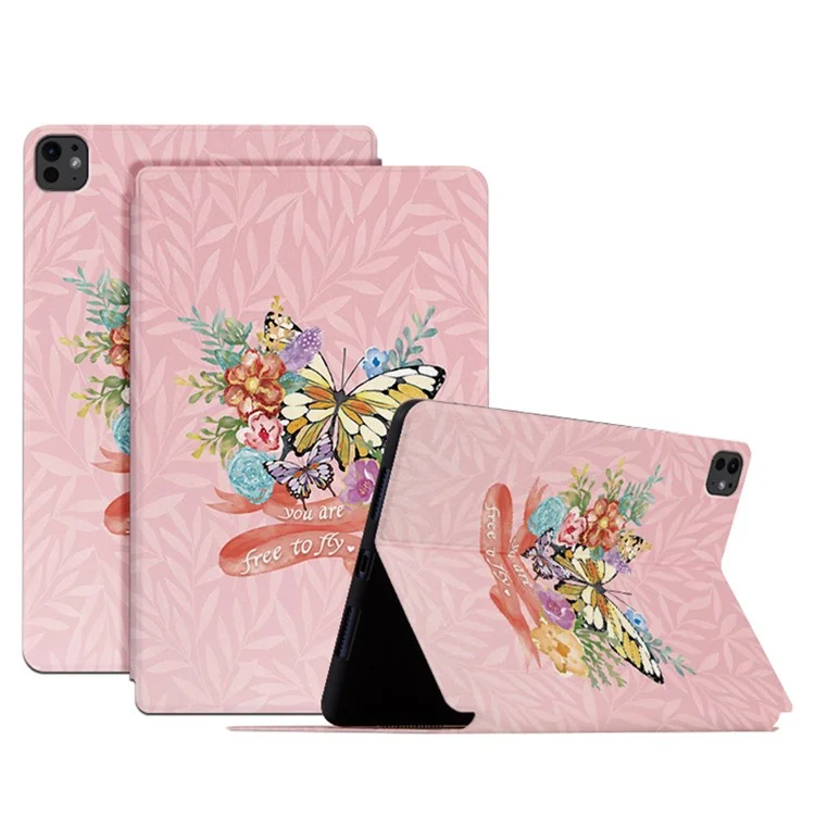 For iPad Pro 11 (2024) Case Butterfly Pattern PU Leather Smart Folio Tablet Cover - Flower Bush Butterfly