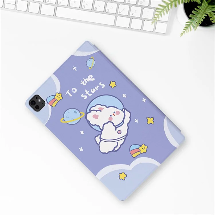 Per iPad Pro 11 (2024) Case Cute Cartoon Pattern PU Leather Smart Flip Tablet Cover - Blue Cat