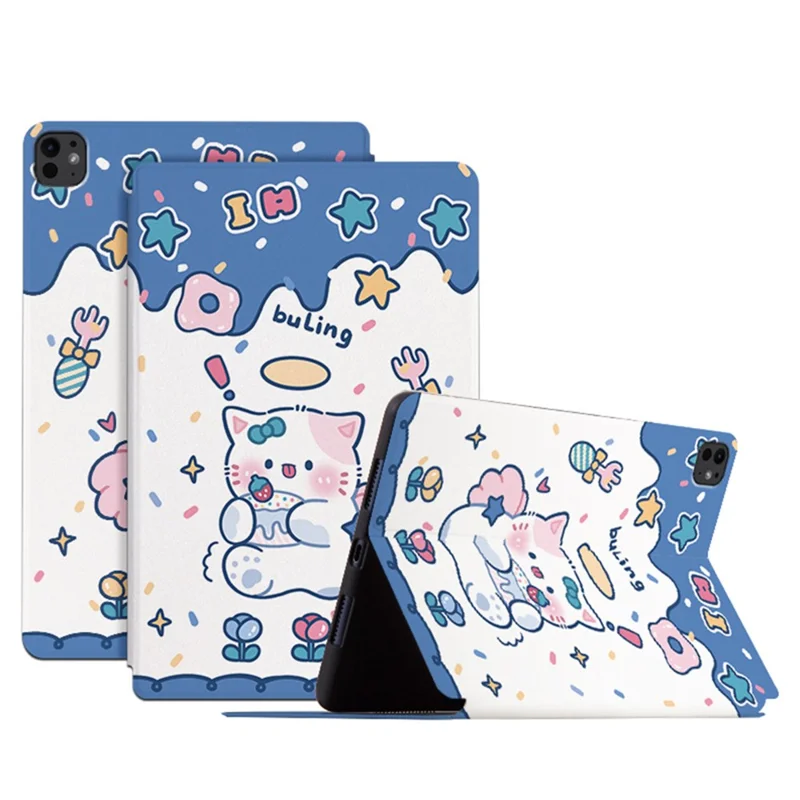 For iPad Pro 11 (2024) Case Cute Cartoon Pattern Print PU Leather Tablet Cover - Angel Cat