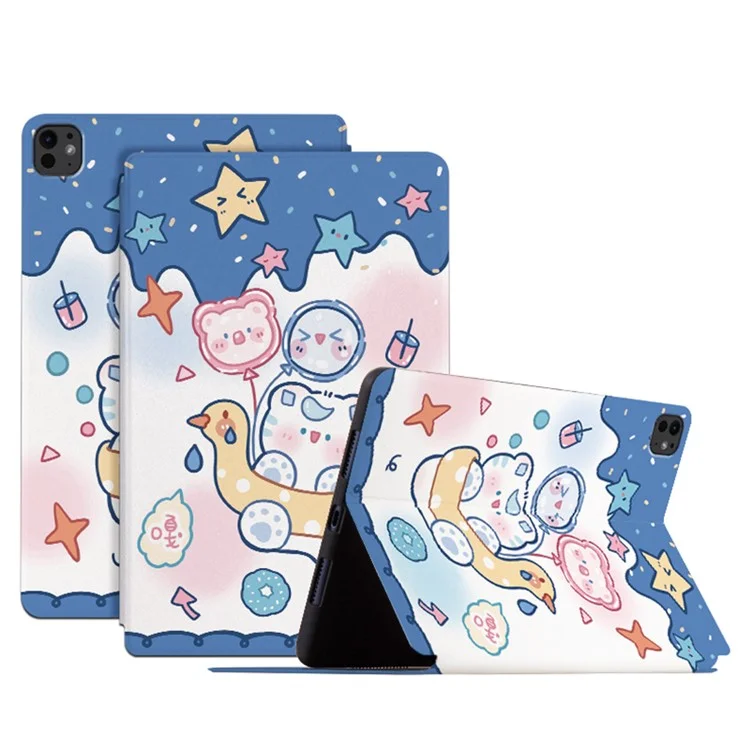 Para iPad Pro 11 (2024) Case Cute Cartoon Pattern Print PU Leather Tablet Cover - Swimming Cat
