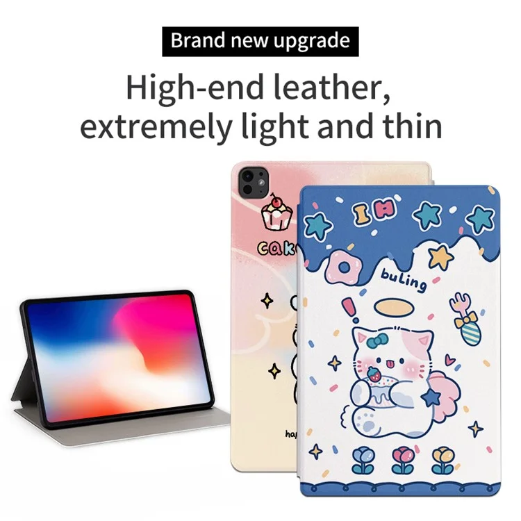 Para iPad Pro 11 (2024) Case Cute Cartoon Pattern Print PU Leather Tablet Cover - Swimming Cat
