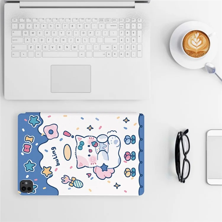 Para iPad Pro 11 (2024) Case Cute Cartoon Pattern Print PU Leather Tablet Cover - Swimming Cat
