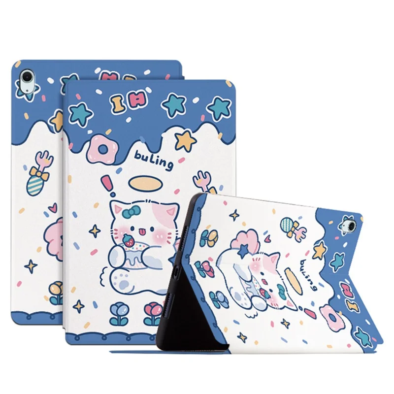 For iPad Air 11 (2025) / (2024) / iPad Air (2022) / (2020) Case Leather Tablet Cover Cartoon Pattern - Angel Cat