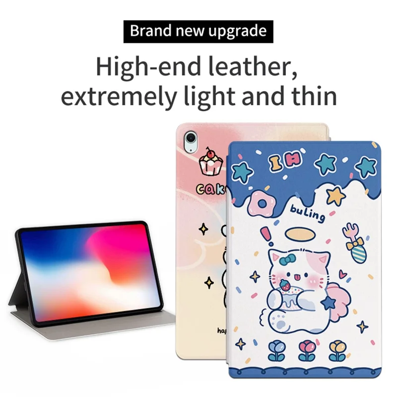 For iPad Air 11 (2025) / (2024) / iPad Air (2022) / (2020) Case Leather Tablet Cover Cartoon Pattern - Angel Cat