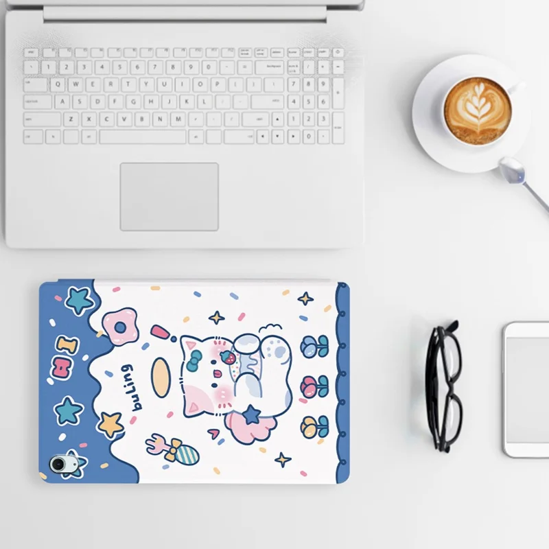 For iPad Air 11 (2025) / (2024) / iPad Air (2022) / (2020) Case Leather Tablet Cover Cartoon Pattern - Angel Cat