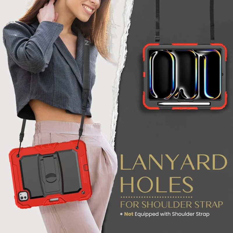 For iPad Pro 11 (2025) / 11 (2024) Case with Shoulder Strap PC+Silicone Tablet Cover - Red