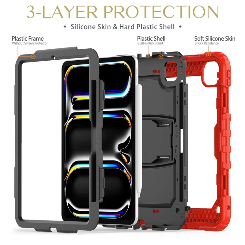 For iPad Pro 11 (2025) / 11 (2024) Case with Shoulder Strap PC+Silicone Tablet Cover - Red