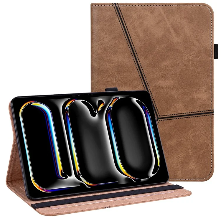 Per iPad Pro 11 (2024) Custodia in pelle PU con linea impressa, custodia protettiva per tablet con fascia elastica - Marrone