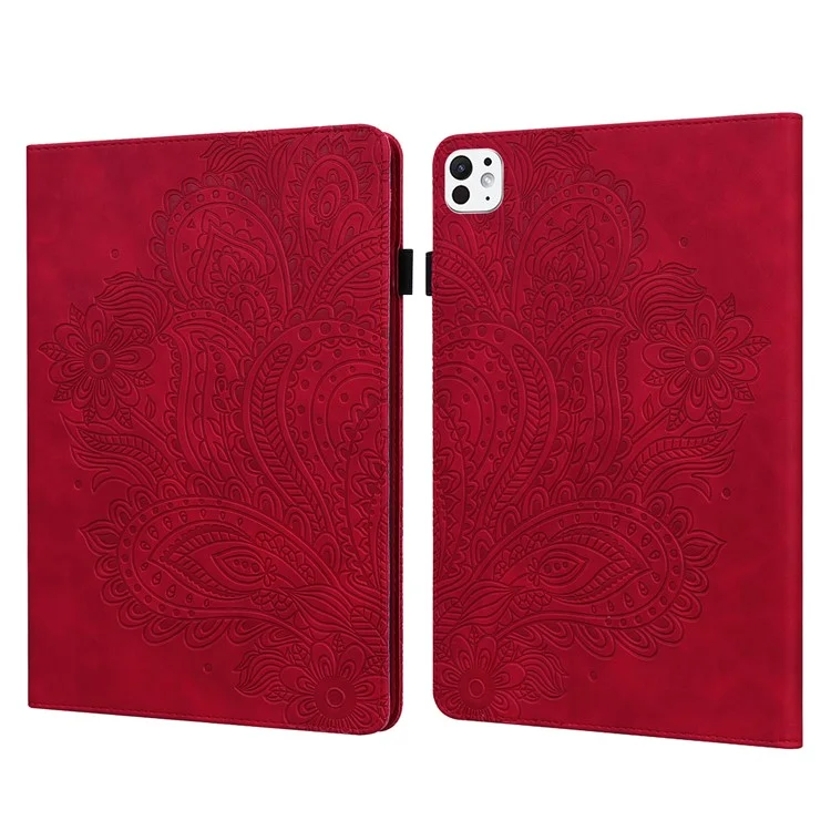 Para o caso do iPad Pro 11 (2024) Padrão de Flor Suporte de Cartão de Couro PU Suporte Tablet Cover - Vermelho