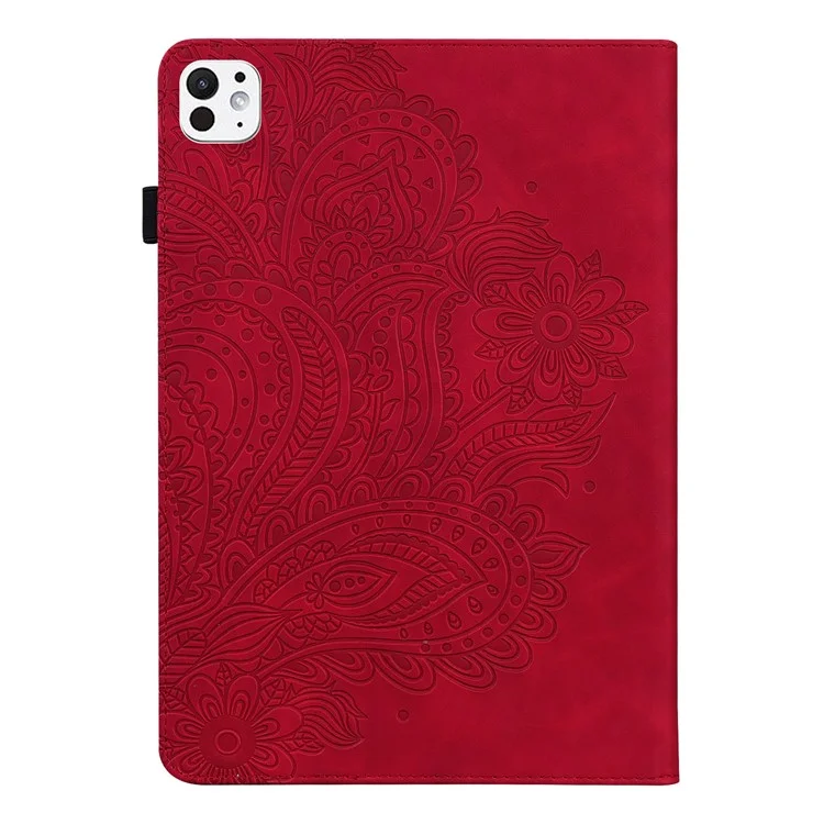 Para o caso do iPad Pro 11 (2024) Padrão de Flor Suporte de Cartão de Couro PU Suporte Tablet Cover - Vermelho