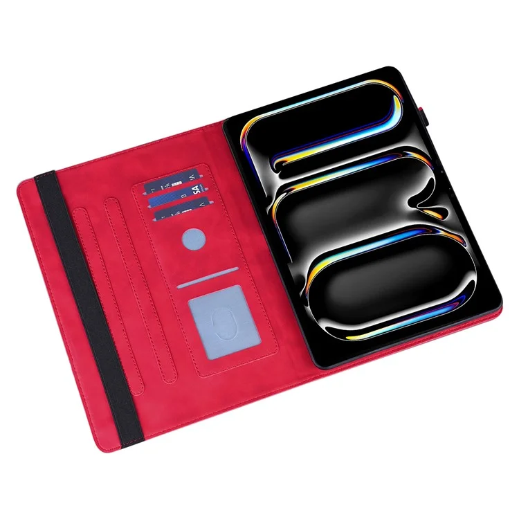 Para o caso do iPad Pro 11 (2024) Padrão de Flor Suporte de Cartão de Couro PU Suporte Tablet Cover - Vermelho