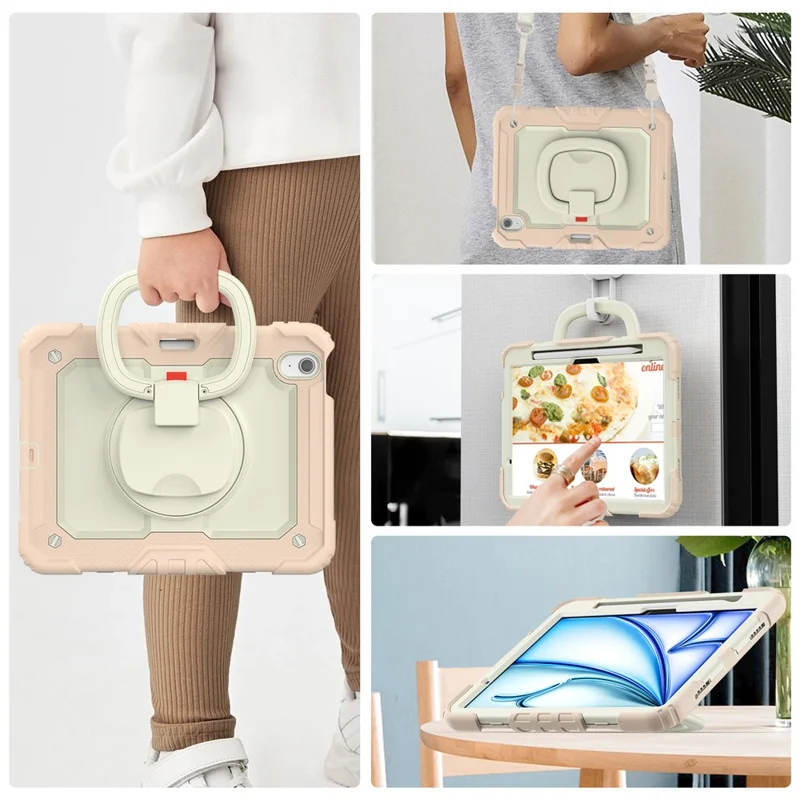 For iPad Air 11 (2025) / (2024) Case Hand Grip Kickstand Pen Slot PC+Silicone Tablet Cover with Strap - Beige+Rose Gold