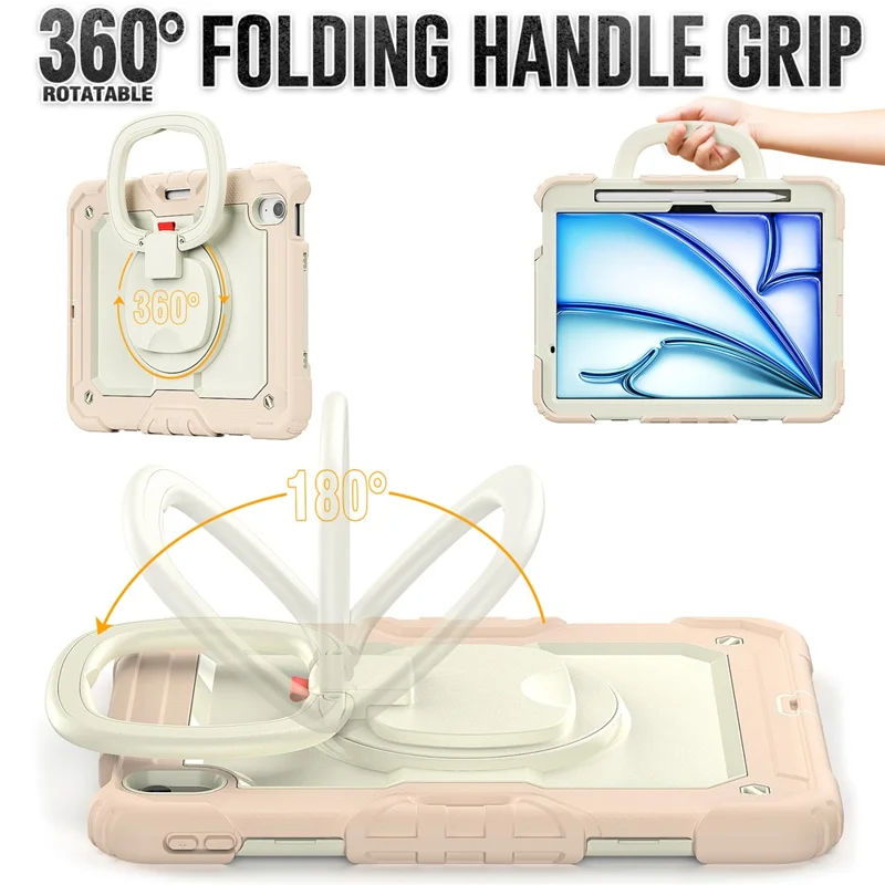 For iPad Air 11 (2025) / (2024) Case Hand Grip Kickstand Pen Slot PC+Silicone Tablet Cover with Strap - Beige+Rose Gold