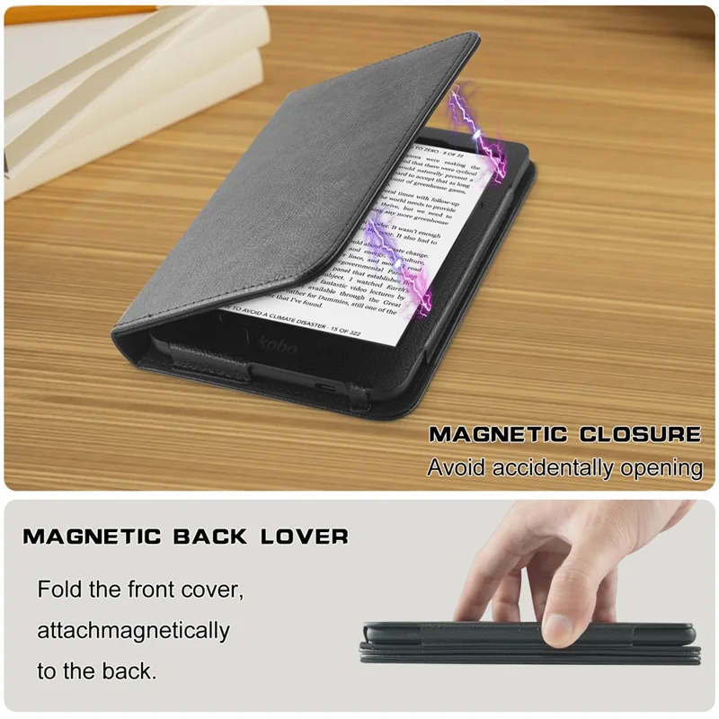 Para el estuche Kobo Clara Colour / Clara 2E Ranuras para tarjetas Pie de apoyo Correa de mano Cubierta de cuero sintético para lector de libros electrónicos - Negro