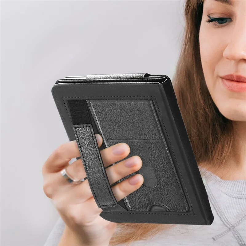 Para el estuche Kobo Clara Colour / Clara 2E Ranuras para tarjetas Pie de apoyo Correa de mano Cubierta de cuero sintético para lector de libros electrónicos - Negro