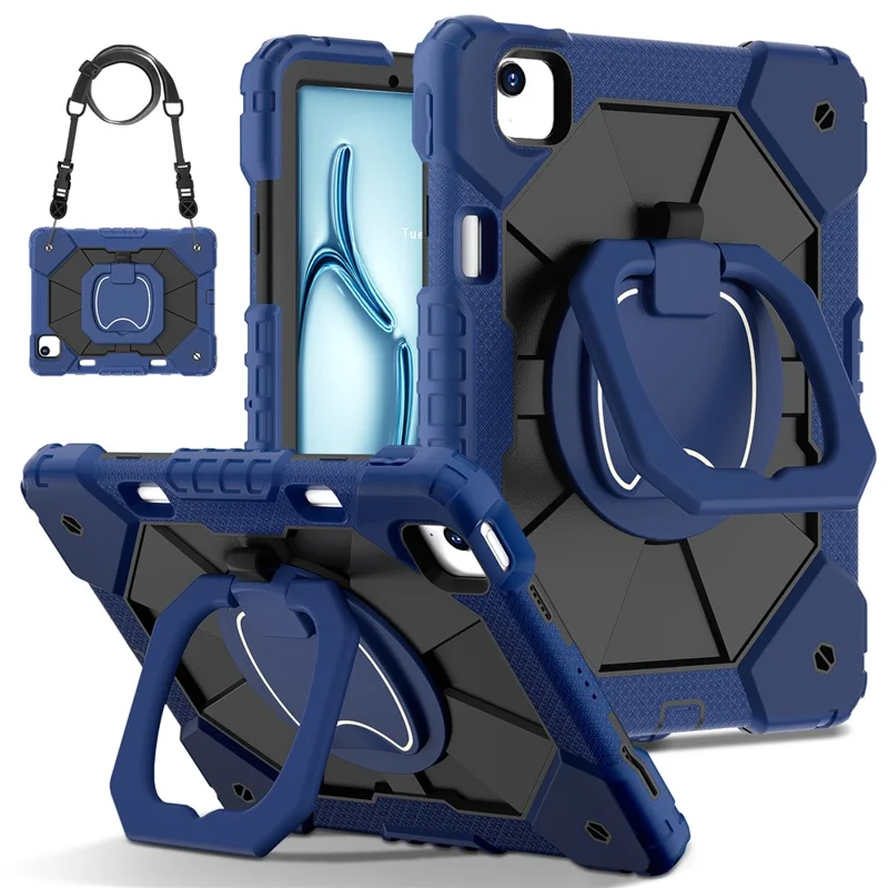 C3 für iPad Air 11 (2024) Hülle mit Schultergurt Silikon+PC Ständer Tablet Cover - Navy Blue+Black