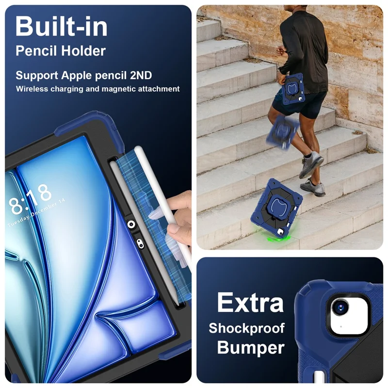 C3 für iPad Air 11 (2024) Hülle mit Schultergurt Silikon+PC Ständer Tablet Cover - Navy Blue+Black