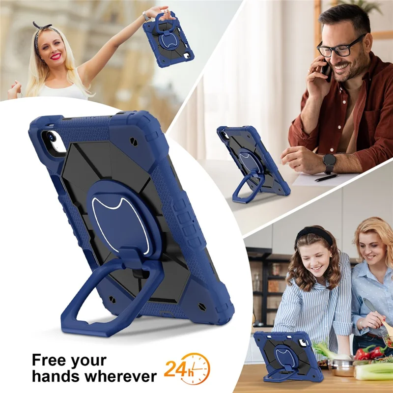 C3 für iPad Air 11 (2024) Hülle mit Schultergurt Silikon+PC Ständer Tablet Cover - Navy Blue+Black