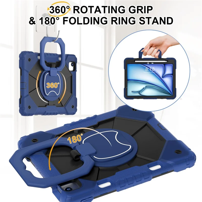 C3 für iPad Air 11 (2024) Hülle mit Schultergurt Silikon+PC Ständer Tablet Cover - Navy Blue+Black