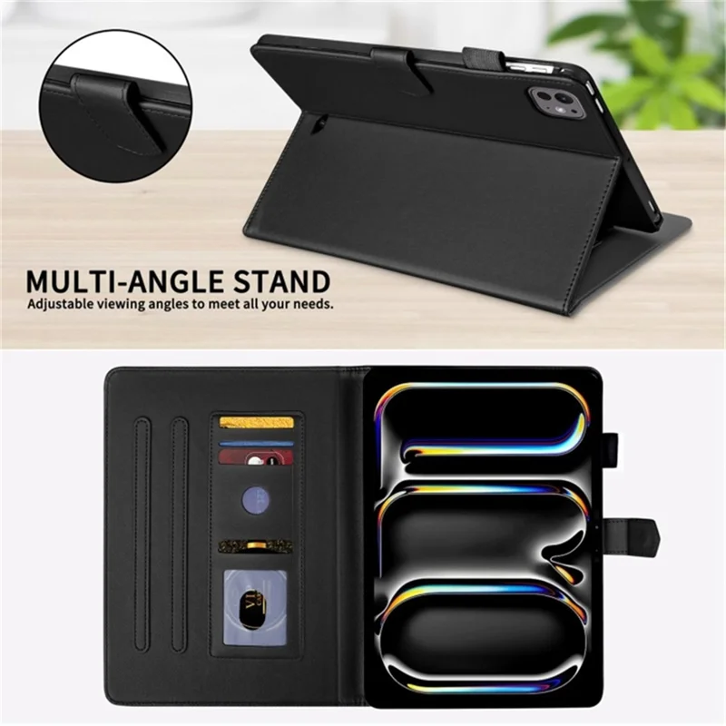 For iPad Pro 13 (2025) / 13 (2024) Case Card Holder Rhombus Grid PU Leather Stand Tablet Cover - Black