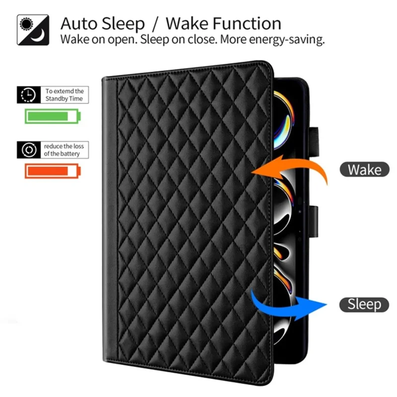 For iPad Pro 13 (2025) / 13 (2024) Case Card Holder Rhombus Grid PU Leather Stand Tablet Cover - Black