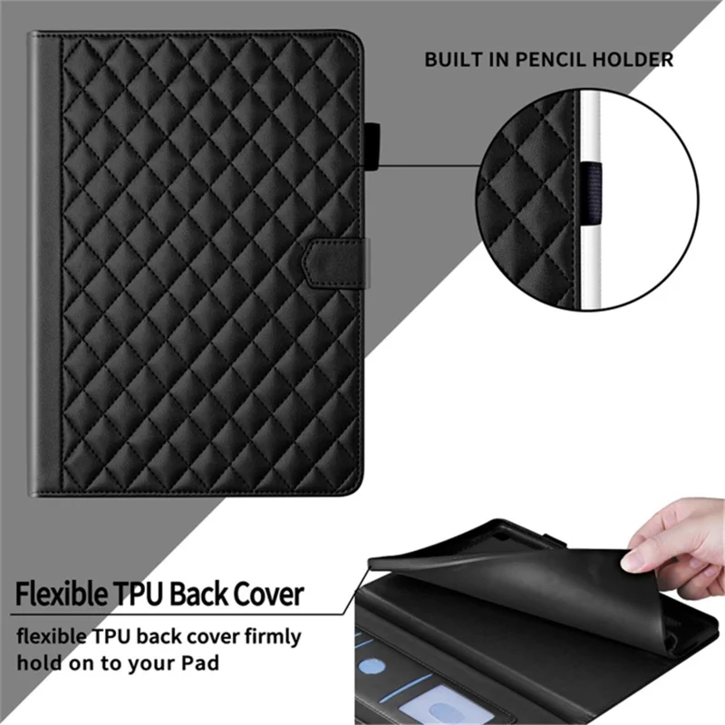 For iPad Pro 13 (2025) / 13 (2024) Case Card Holder Rhombus Grid PU Leather Stand Tablet Cover - Black