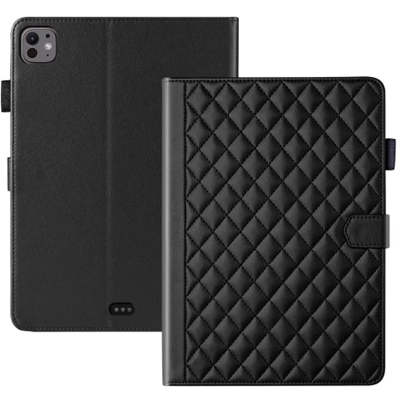 For iPad Pro 13 (2025) / 13 (2024) Case Card Holder Rhombus Grid PU Leather Stand Tablet Cover - Black
