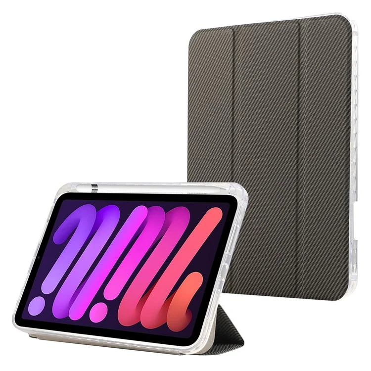 Чехол для iPad mini (2024) / mini (2021) с текстурой под углеродное волокно, кожаный+прозрачный акрил+ТПУ-стойка-Золотой