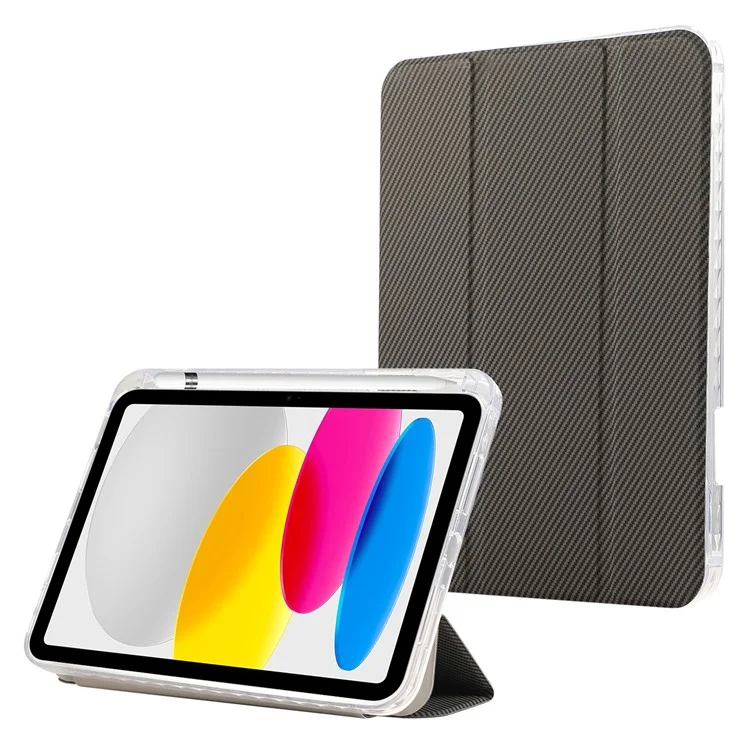 Für iPad 10.9 (2022) Case Tri-Fold Stand Leather Tablet Cover Auto Wake / Sleep Carbon Fiber Texture - Gold
