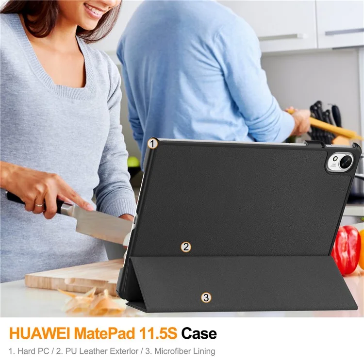 Für Huawei MatePad 11.5 S Case Auto Wake / Sleep Tri-Fold Stand Leder Tablet Hülle - Schwarz