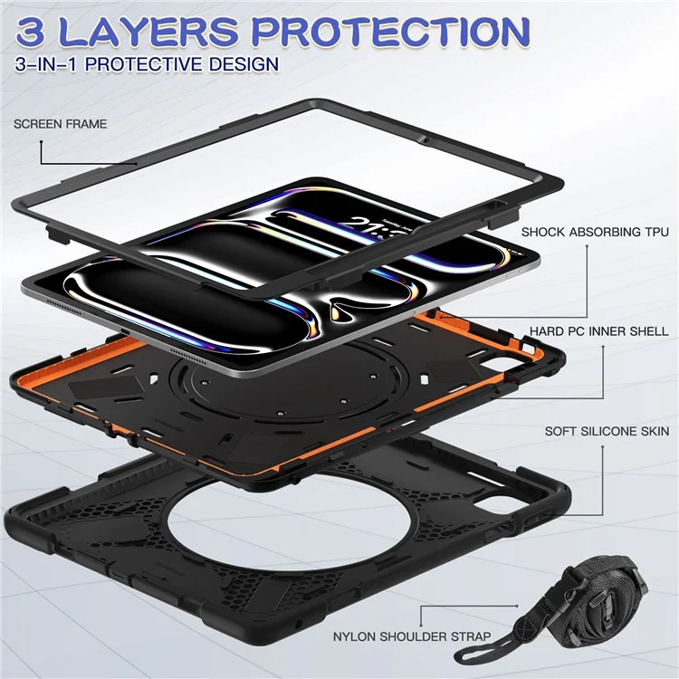 Funda para iPad Pro 13 (2024) con correa para el hombro, TPU+PC+Silicona, soporte