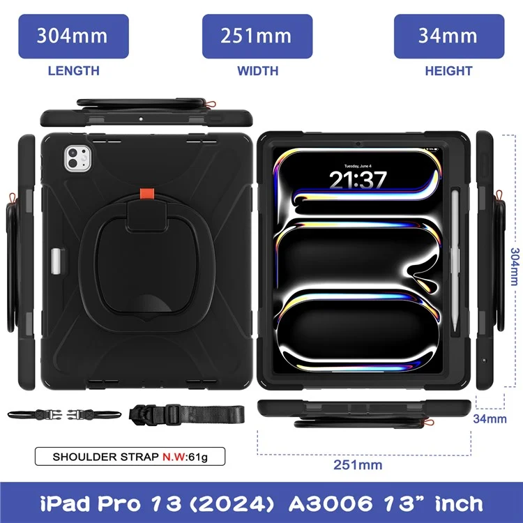 Funda para iPad Pro 13 (2024) con correa para el hombro, TPU+PC+Silicona, soporte
