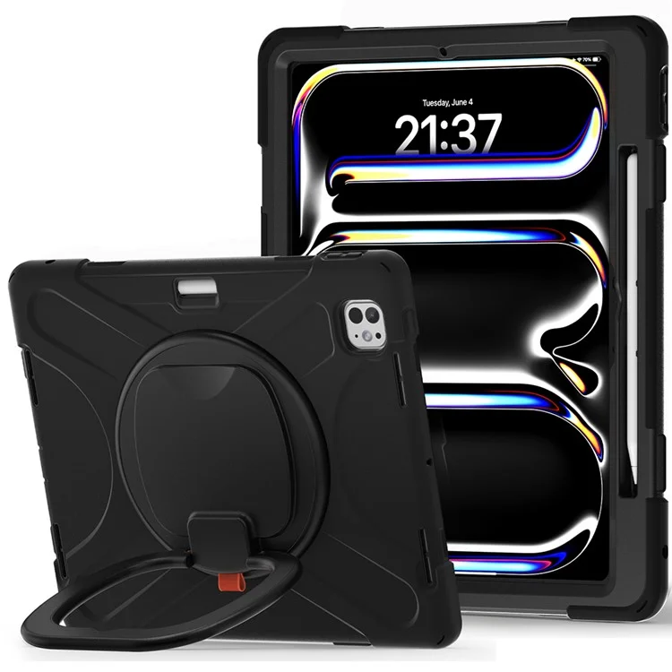 For iPad Pro 13 (2024) Case PC+Silicone Tablet Cover Swivel Kickstand Handle Grip - Black