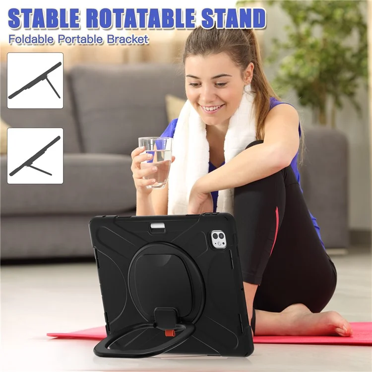 For iPad Pro 13 (2024) Case PC+Silicone Tablet Cover Swivel Kickstand Handle Grip - Black