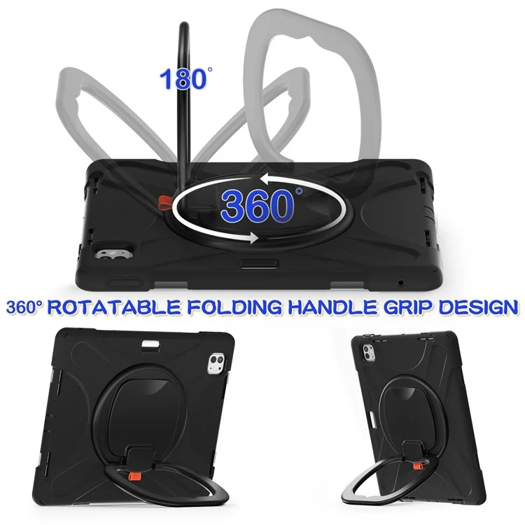 For iPad Pro 13 (2024) Case PC+Silicone Tablet Cover Swivel Kickstand Handle Grip - Black