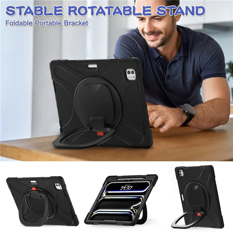 For iPad Pro 13 (2024) Case PC+Silicone Tablet Cover Swivel Kickstand Handle Grip - Black