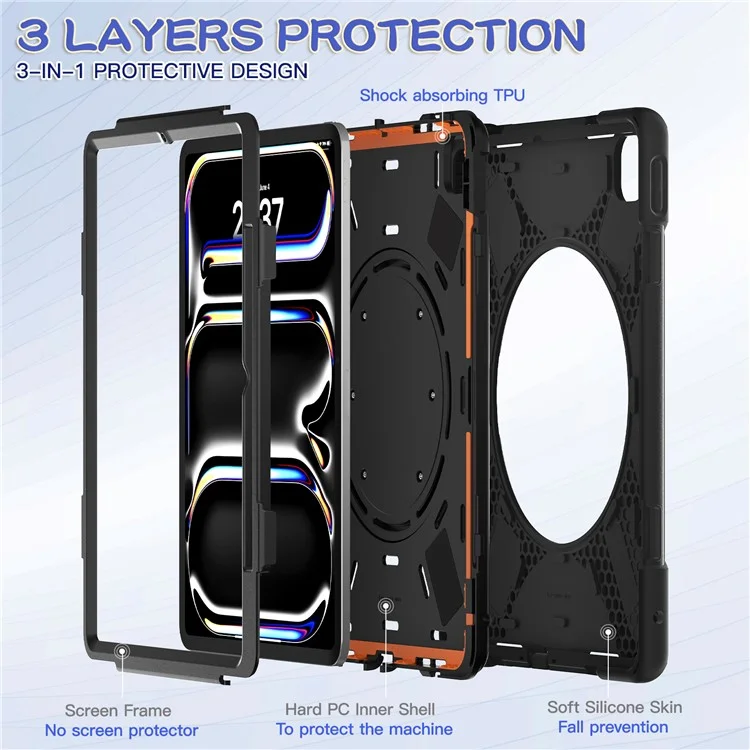 For iPad Pro 13 (2024) Case PC+Silicone Tablet Cover Swivel Kickstand Handle Grip - Black