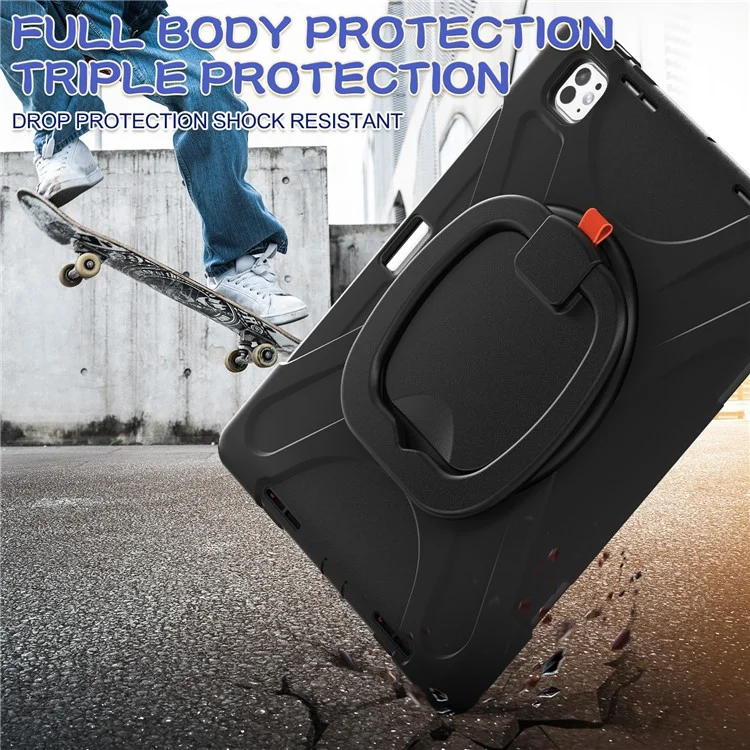 For iPad Pro 13 (2024) Case PC+Silicone Tablet Cover Swivel Kickstand Handle Grip - Black