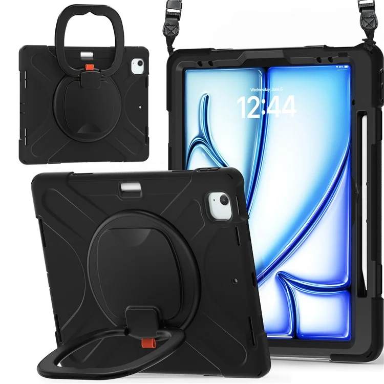 For iPad Air 13 (2025) / (2024) / Pro 12.9 (2022) / (2021) / (2020) / (2018) Case Tablet Cover with Shoulder Strap - Black