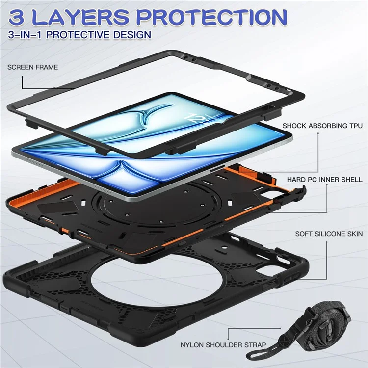 For iPad Air 13 (2025) / (2024) / Pro 12.9 (2022) / (2021) / (2020) / (2018) Case Tablet Cover with Shoulder Strap - Black