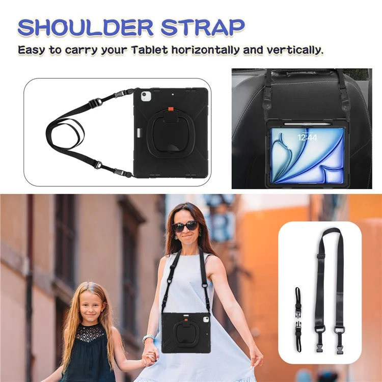 For iPad Air 13 (2025) / (2024) / Pro 12.9 (2022) / (2021) / (2020) / (2018) Case Tablet Cover with Shoulder Strap - Black