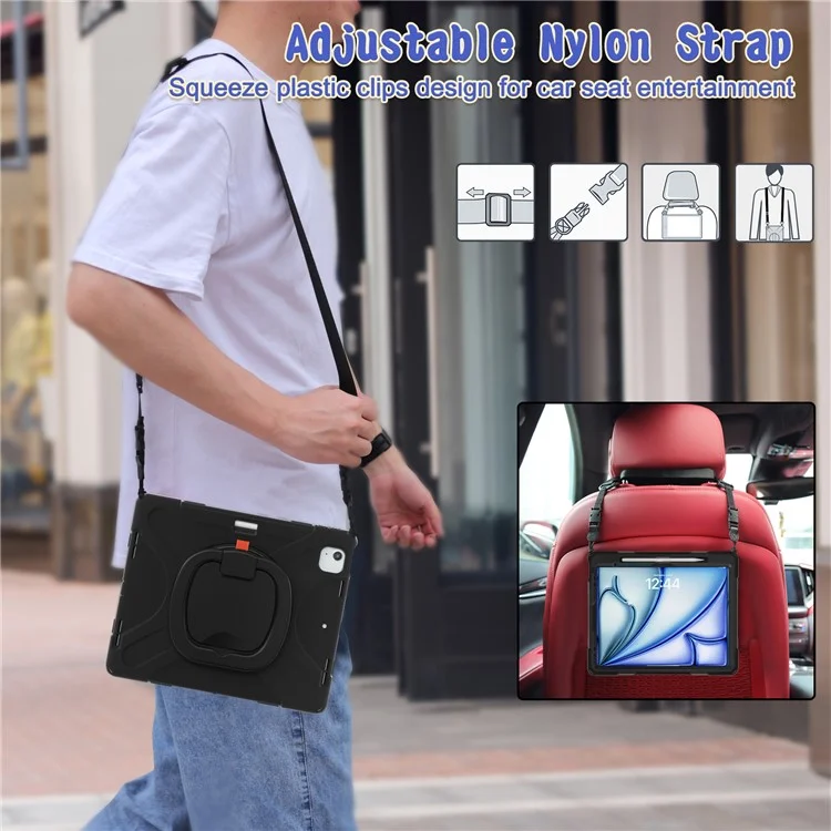 For iPad Air 13 (2025) / (2024) / Pro 12.9 (2022) / (2021) / (2020) / (2018) Case Tablet Cover with Shoulder Strap - Black