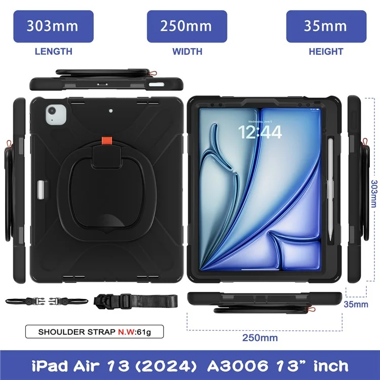 For iPad Air 13 (2025) / (2024) / Pro 12.9 (2022) / (2021) / (2020) / (2018) Case Tablet Cover with Shoulder Strap - Black