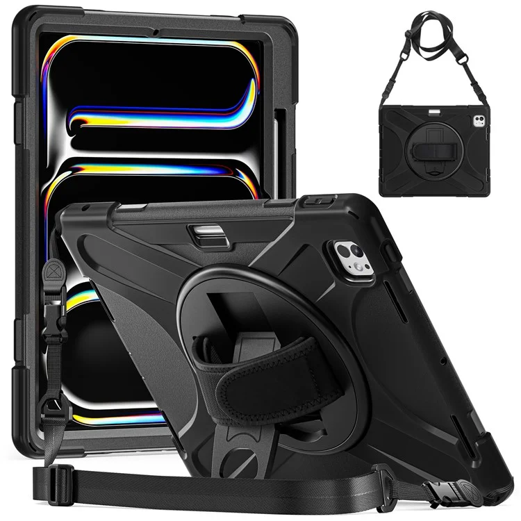 For iPad Pro 13 (2024) Case Kickstand Pen Slot TPU+PC+Silicone Tablet Cover with Shoulder Strap - Black