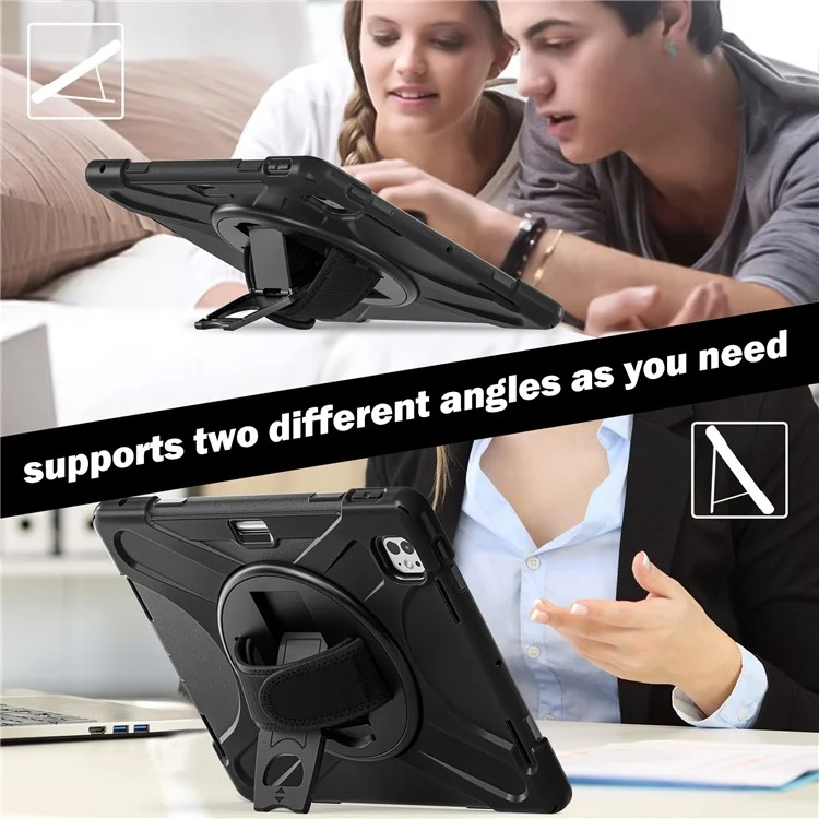 For iPad Pro 13 (2024) Case Kickstand Pen Slot TPU+PC+Silicone Tablet Cover with Shoulder Strap - Black