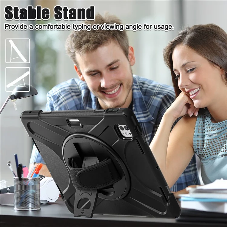 For iPad Pro 13 (2024) Case Kickstand Pen Slot TPU+PC+Silicone Tablet Cover with Shoulder Strap - Black