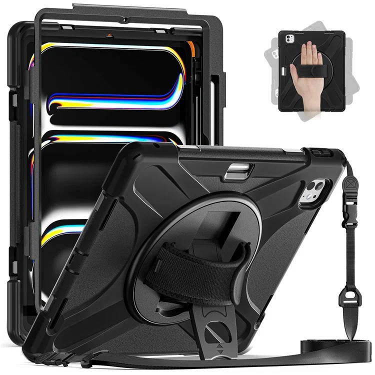 For iPad Pro 13 (2024) Case Kickstand Pen Slot TPU+PC+Silicone Tablet Cover with Shoulder Strap - Black