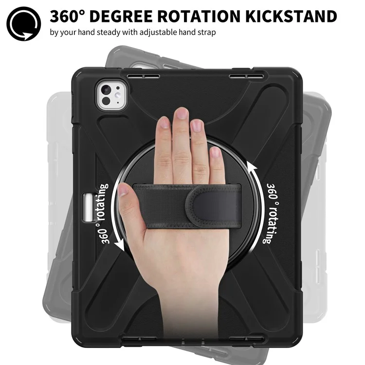 For iPad Pro 13 (2024) Case Kickstand Pen Slot TPU+PC+Silicone Tablet Cover with Shoulder Strap - Black