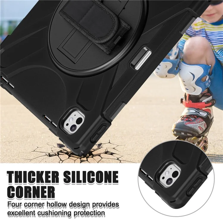For iPad Pro 13 (2024) Case Kickstand Pen Slot TPU+PC+Silicone Tablet Cover with Shoulder Strap - Black
