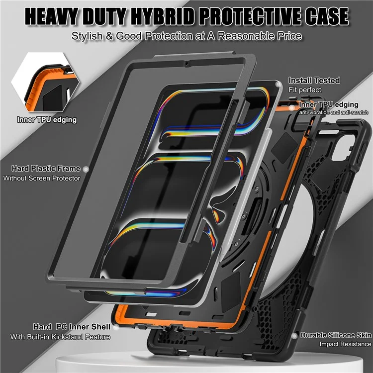 For iPad Pro 13 (2024) Case Kickstand Pen Slot TPU+PC+Silicone Tablet Cover with Shoulder Strap - Black